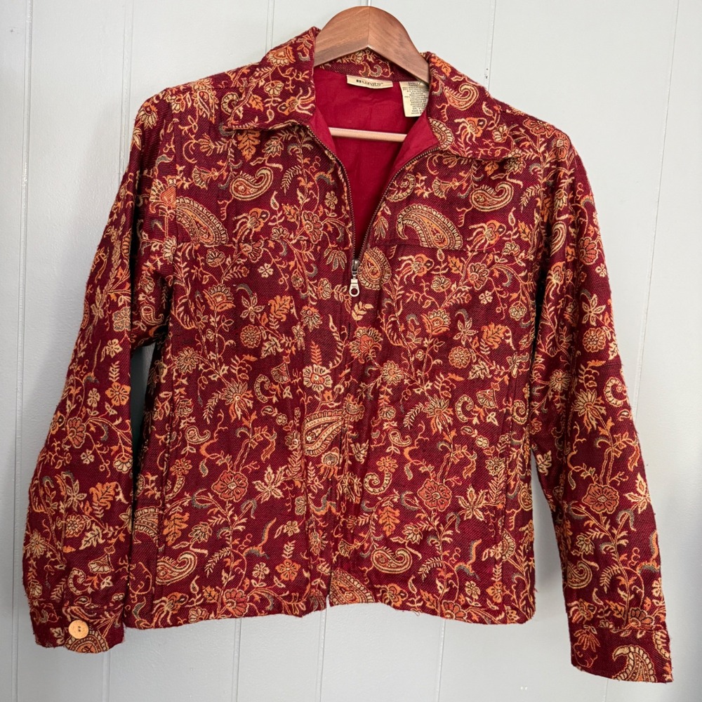 Women's Small Paisley Tapestry Jacket Beaded Boho Vintage Burgundy Gold Zip Up